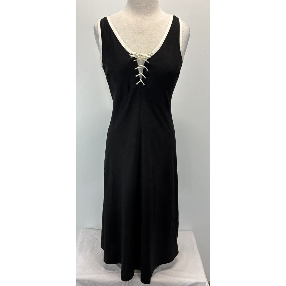 Lennie New York LNY midi Dress Sz 6 Black Linen Blend Lined Lace Up Sleeveless